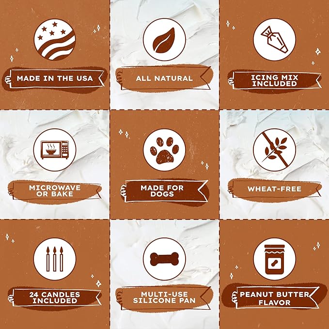Puppy Cake Cake and Ice Cream All Natural Fluffy & Moist Dog Birthday Cake Kit in with Peanut Butter, Your Choice of Ice Cream Mix, Bone Silicone Pan and 24 Candles (Bacon) Made in USA