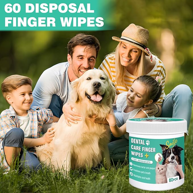 Dog Teeth Cleaning Wipes, Pre-Soaked Pet Tooth Finger Wipes 60pcs, Soothing Cleaning Pet Teeth, Reducing Tartar and Plaque, Freshening Breath, Maintaining Your Dog's Oral Health
