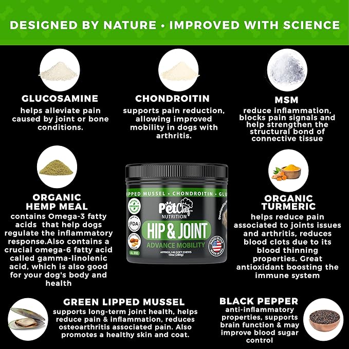 Pet Chef Advanced Dog Hip & Joint Supplement Treat - Glucosamine, Chondroitin & Turmeric MSM Breeds-Reduce Pain, Inflammation & Arthritis. Super Dog Hip & Joint Treat. Renews All Dogs.