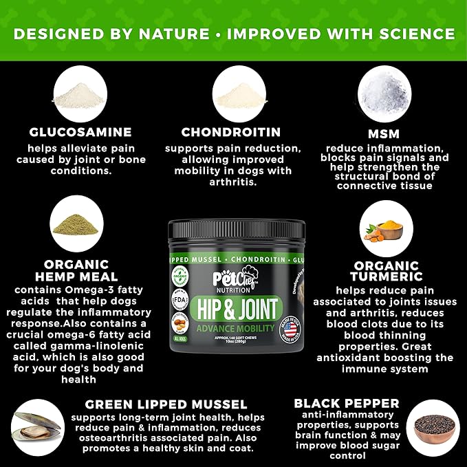 Pet Chef Advanced Dog Hip & Joint Supplement Treat - Glucosamine, Chondroitin & Turmeric MSM Breeds-Reduce Pain, Inflammation & Arthritis. Super Dog Hip & Joint Treat. Renews All Dogs.
