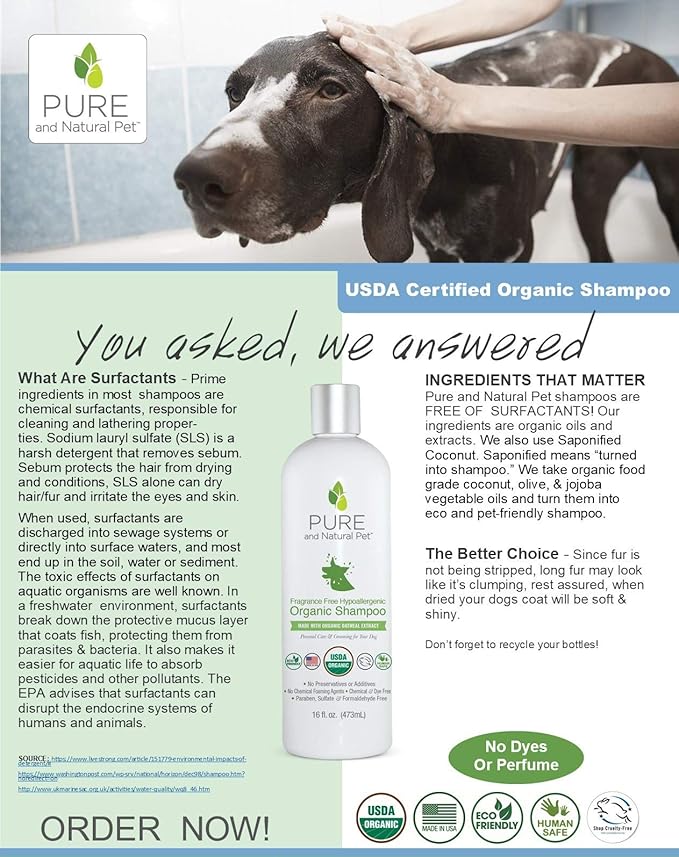 Pure and Natural Pet USDA Certified Organic Fragrance Free Hypoallergenic Shampoo (Fragrance Free) 16 oz.