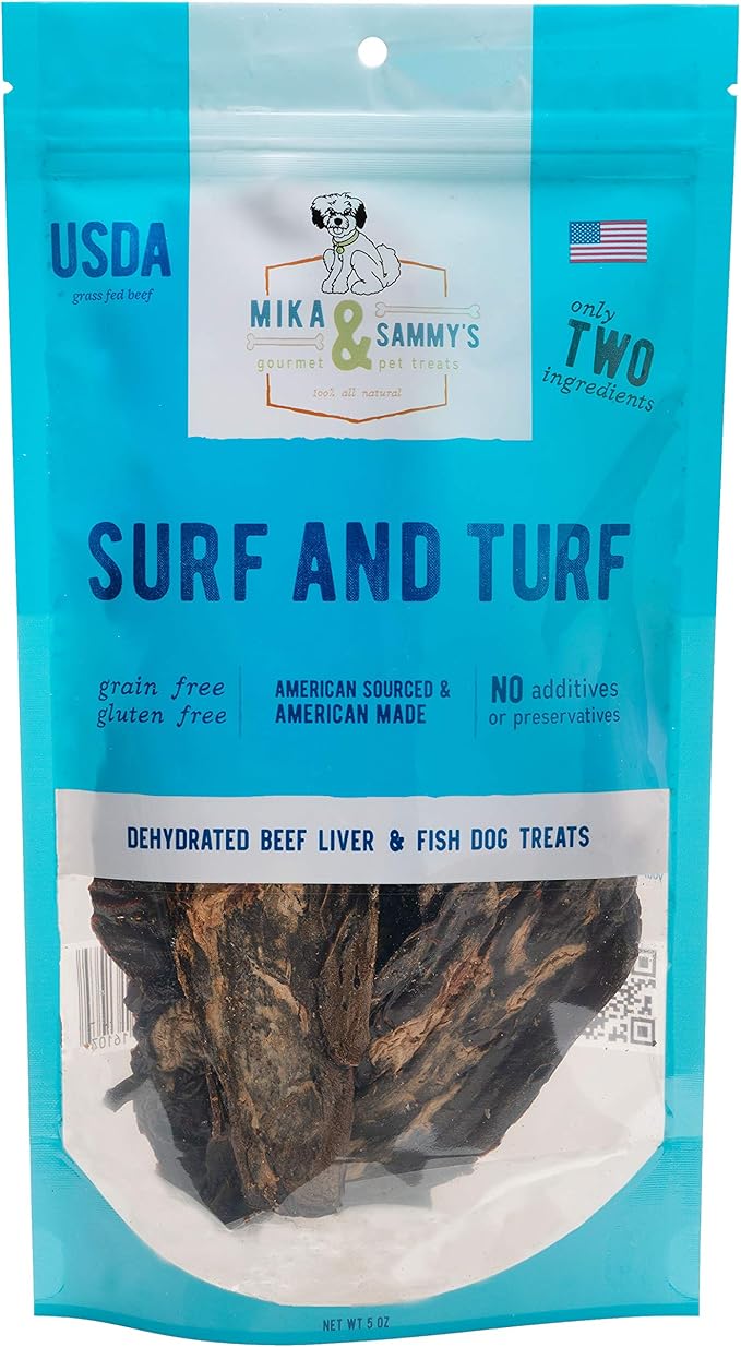 Mika & Sammy's Gourmet Beef Liver & Mackeral Jerky Dog Treats Made in The USA. (Surf & Turf 5 oz)