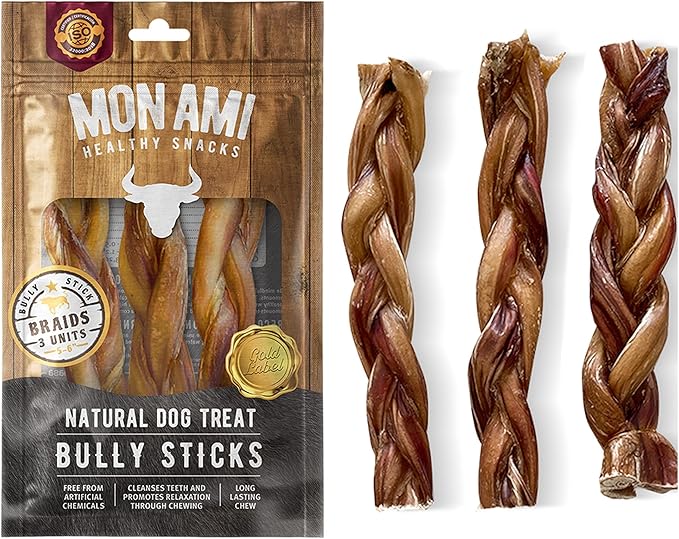 Mon Ami Braided Bully Sticks for Large and Small Dogs (5-6 inches, Pack of 12) - Made from Grass Fed Beef Dog Treats - Natural Bully Sticks - Grain Free & High Protein Dog Snack