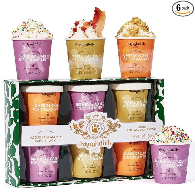 Thoughtfully Pets, Mini Dog Ice Cream Gift Set, Includes 3 Flavors of Dog-Friendly Ice Cream Powder Mix in Paper Cups, Just Add Water and Freeze, Set of 6
