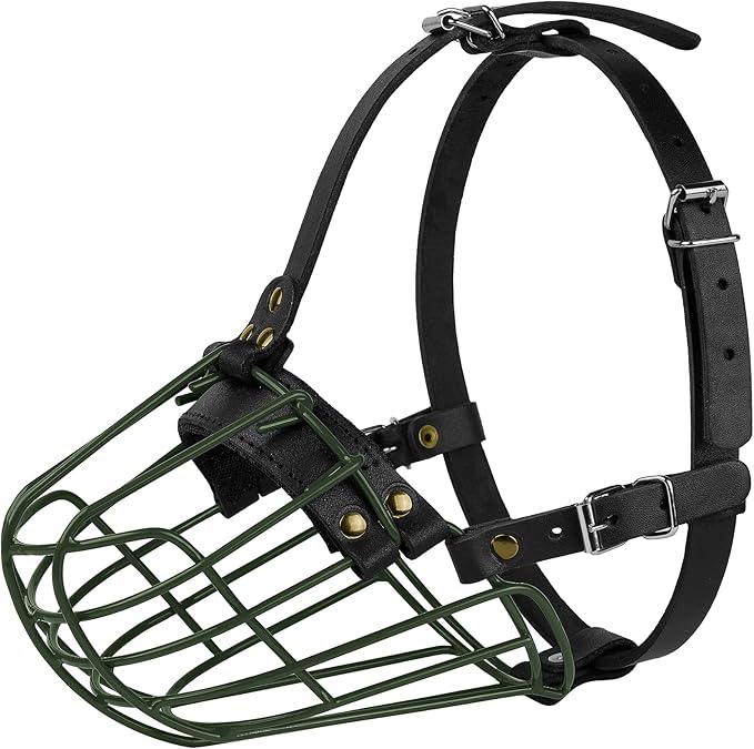 Pitbull Dog Muzzle Metal Mask Amstaff Secure Wire Basket Adjustable Durable Leather Straps for Large Dogs (Green)