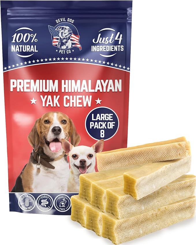 Devil Dog Pet Co. Himalayan Yak Chews – Large 8 Pack, Yak Cheese Dog Chews, 100% Natural & Healthy, Odor Free, Long Lasting, Yak Chew Treats – Premium Yak Milk Dog Chew, Yak Bones for Dogs