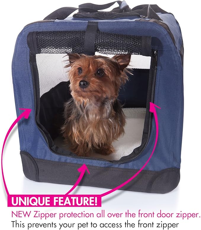 2PET Foldable Dog Crate - Soft, Easy to Fold & Carry Dog Crate for Indoor & Outdoor Use - Comfy Dog Home & Dog Travel Crate - Strong Steel Frame, Washable Fabric Cover, Frontal Zipper Large Blue
