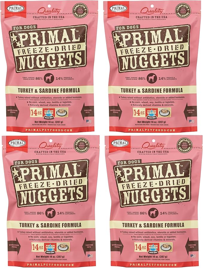 Primal Freeze Dried Dog Food Nuggets, Turkey & Sardine; Complete & Balanced Meal; Also Use as Topper or Treat; Premium, Healthy, Grain Free, High Protein Raw Dog Food, 14 oz (Pack of 4)