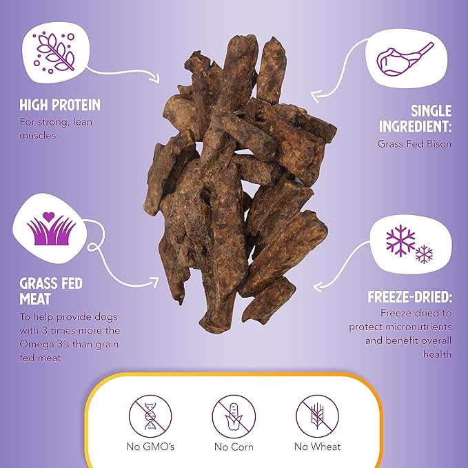 Health Extension 100% Pure Bison Bite Treats for Dogs-Single Ingredient, Grain-Free, High-Protein Snacks for All Breeds & Ages-Dried Bison(4.5Oz/127g)