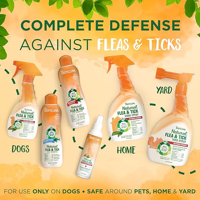 TropiClean Natural Flea and Tick Spray for Dogs & Bedding | Maximum Strength Flea Spray for Home | Family Friendly & Safe | Made in the USA | 16 oz.