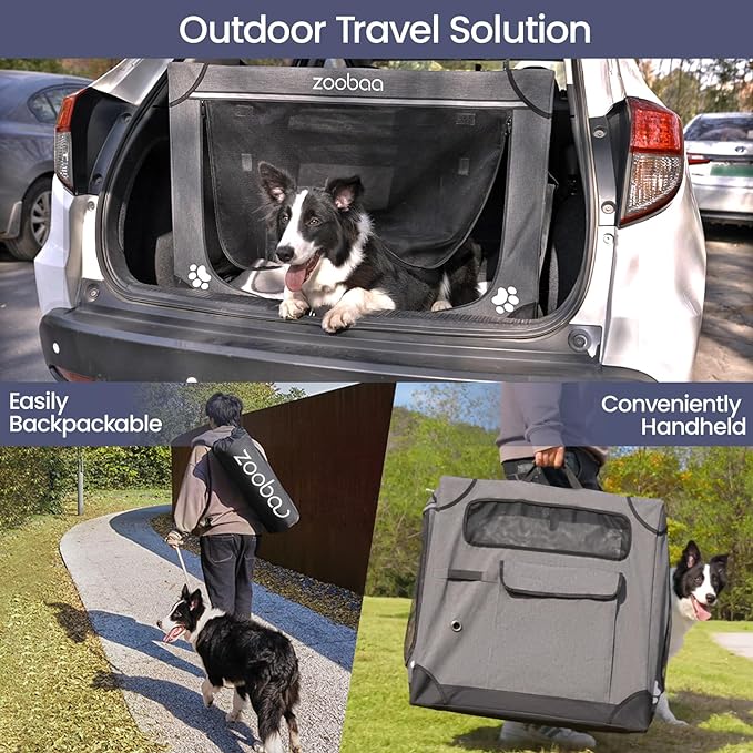 36" Portable Soft Dog Crate for Large Dogs - Collapsible Travel Kennel with Carry Bag, Foldable Cage with Durable Textilene Mesh Door, Plush Bed - Ideal for Home or Travel - Charcoal Gray