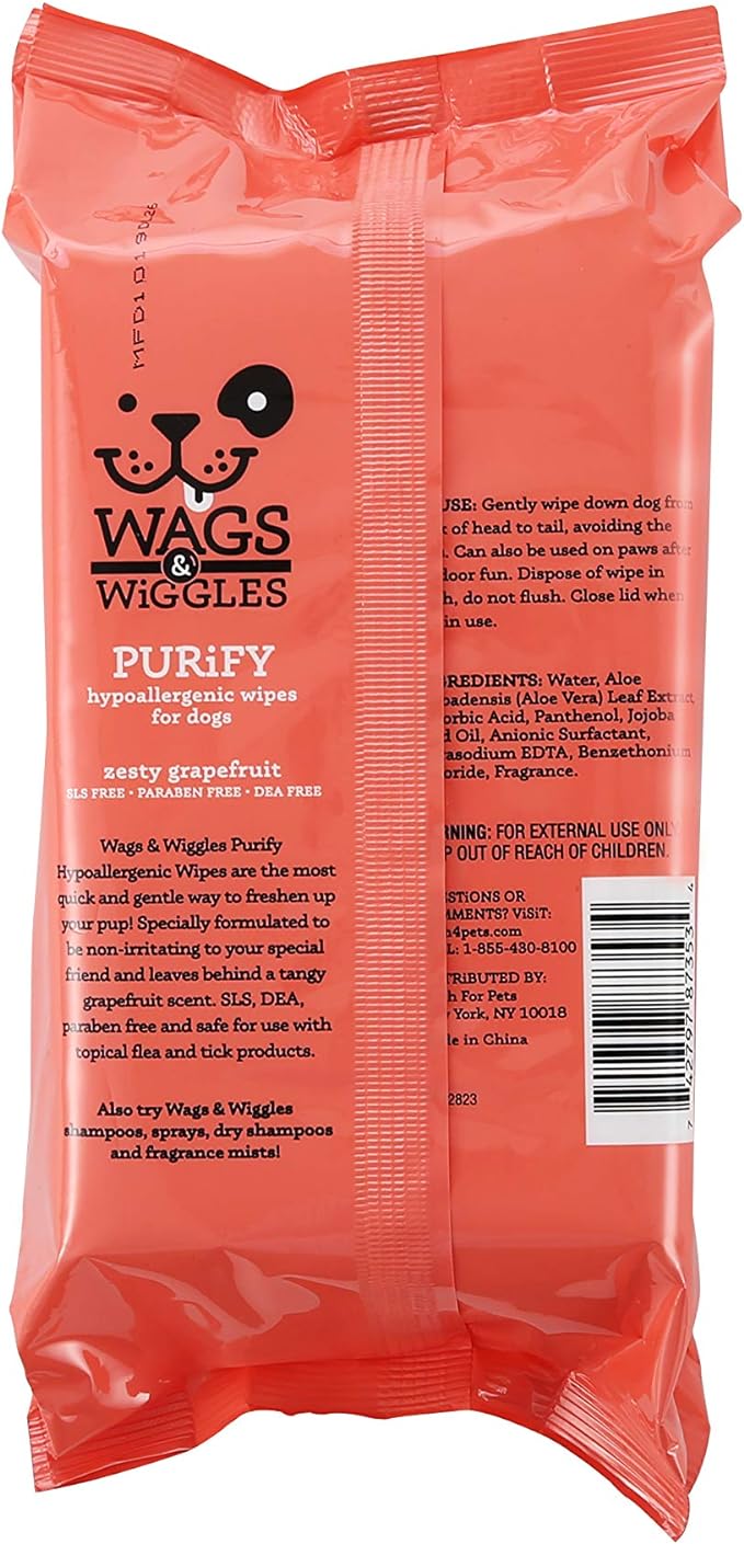 Wags & Wiggles Purify Hypoallergenic Wipes for Dogs Gently Clean & Condition Your Dog's Coat without A Bath Zesty Grapefruit Scent Your Dog Will Love, (Pack of 12, 1200 Count Total)