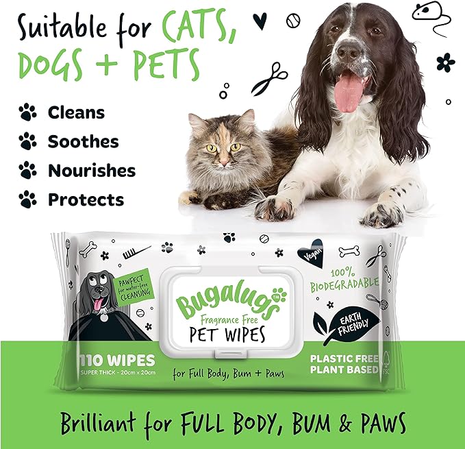Dog Wipes, 100% Plastic Free Biodegradable pet wipes for full body, eye wipes, ear wipes, bum & paws. 110 sensitive dog grooming wipes for dogs, puppy & cat grooming (Fragrance Free)