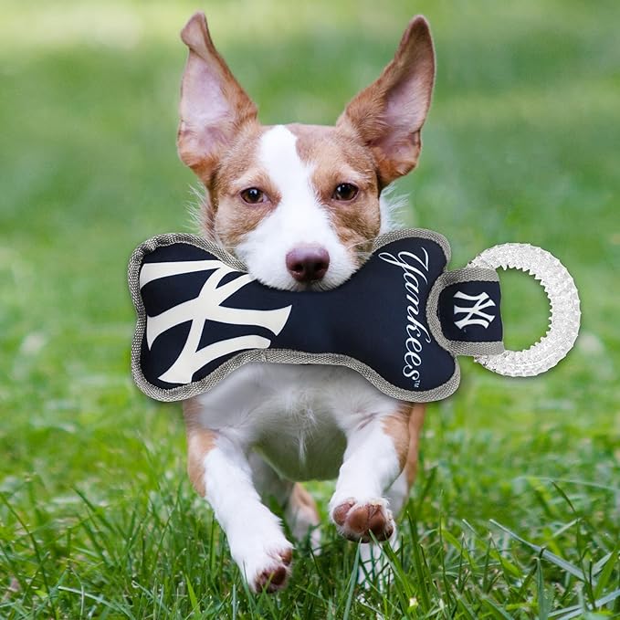MLB New York Yankees Bone Shaped Dental Dog TUG Toy with Squeaker. Tough PET Toy for Healthy Fun, Teething, and Cleaning pet's Teeth and Gum.