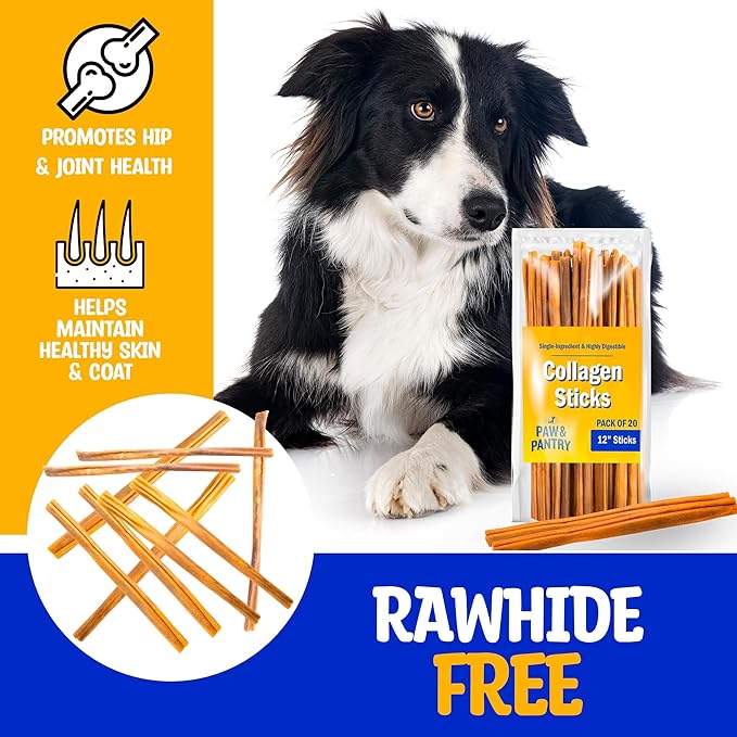 Paw & Pantry 12" Beef Collagen Sticks for Dogs (20 Pk) - Rawhide Free All Natural Collagen Chews for Dogs - Long Lasting Dog Collagen Sticks - Dog Treats Promote Hip, Joint, Skin, Coat, Dental Health