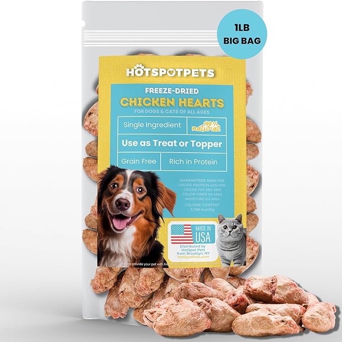 hotspot pets Freeze Dried Chicken Hearts for Cats & Dogs - 1LB BIG BAG -Resealable Bag- Single Ingredient All Natural Grain-Free - Made in USA - Perfect for Training, Topper or Snack (Chicken Hearts)