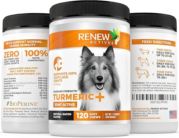 Renew Actives Organic Turmeric Joint Supplement for Dogs - Advanced Canine Support for Hip, Joint & Cartilage Health - Natural Mobility Formula with 120 Chewable Soft Treats