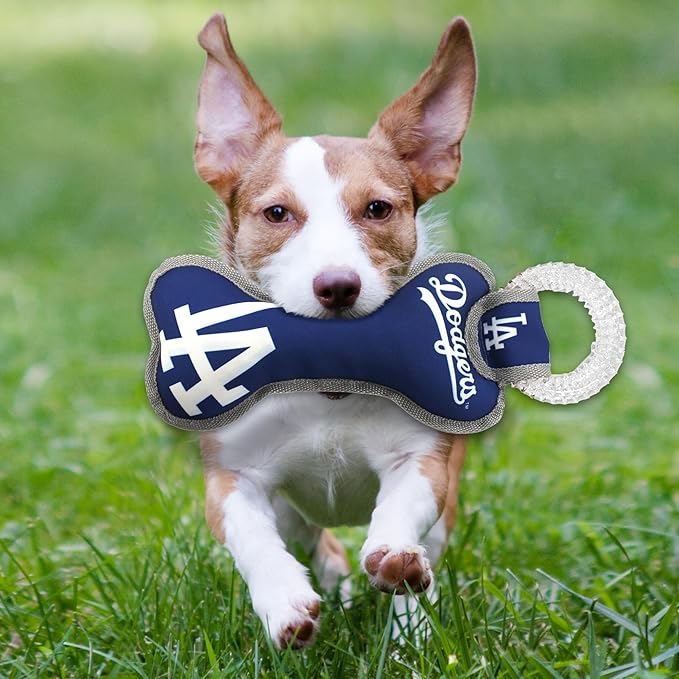 MLB Los Angeles Dodgers Bone Shaped DENTAL DOG TUG TOY with SQUEAKER. TOUGH PET TOY for Healthy Fun, Teething, and Cleaning pet's teeth and gum.