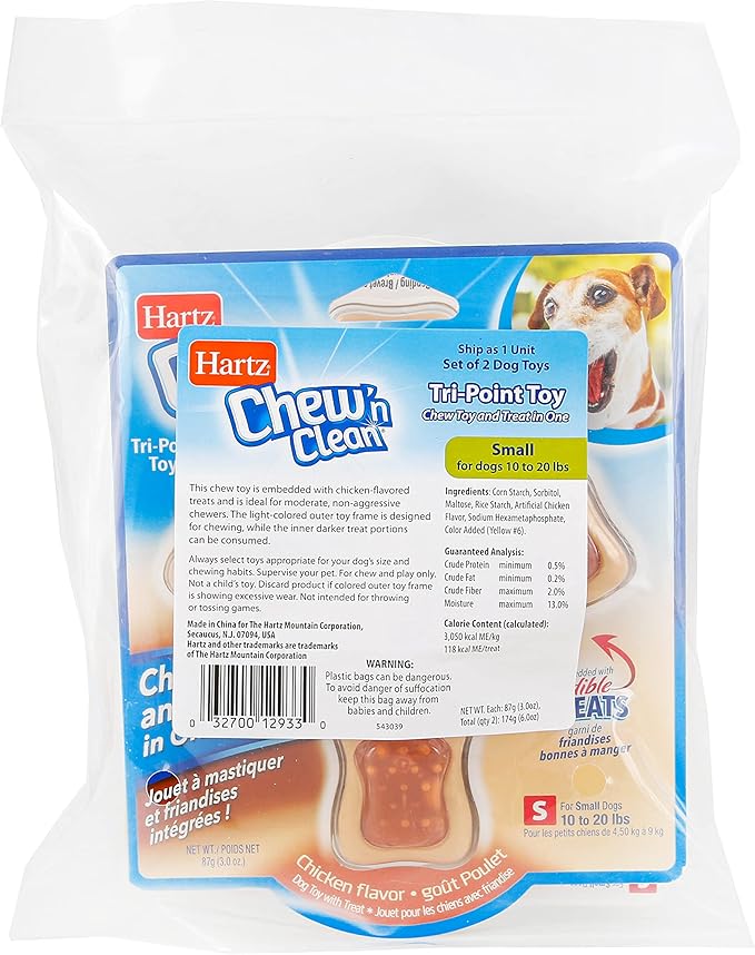 Hartz Chew ‘n Clean Chew Chicken Flavored Tri-Point Dog Treat & Chew Toy, Small 2 Pack