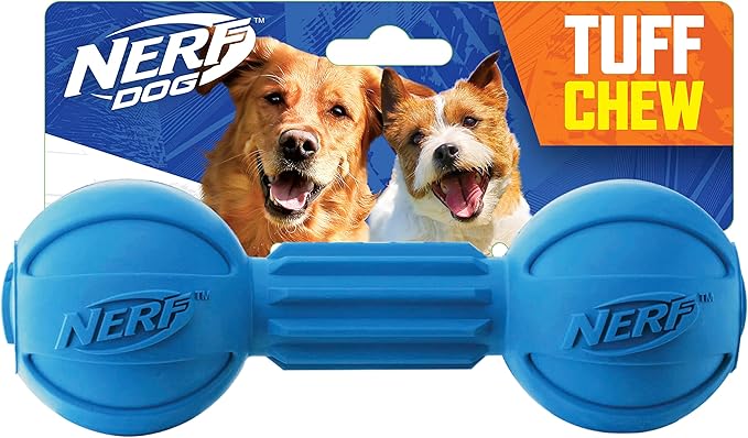 Nerf Dog Rubber Chew Barbell Dog Toy For Aggressive Chewers, Lightweight, Durable and Water Resistant, 7.5 Inches, For Medium/Large Breeds, Single Unit, Blue