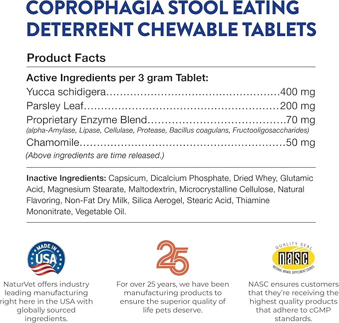 NaturVet – Coprophagia Stool Eating Deterrent Plus Breath Aid – Deters Dogs from Consuming Stool – Enhanced with Breath Freshener, Enzymes & Probiotics – 130 Chewable Tablets