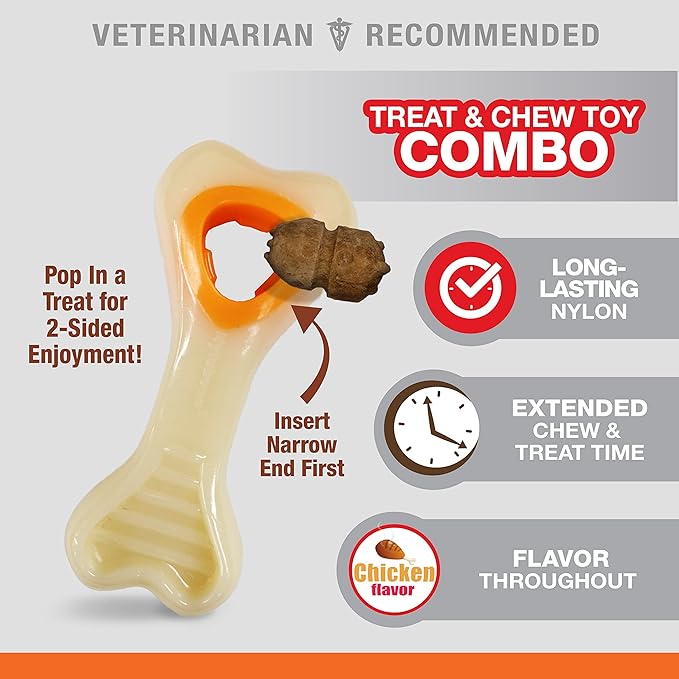 Nylabone Power Chew Knuckle Bone & Pop-In Dog Treat Toy Combo with Chicken Flavor Treat Refills, Chew Toy for Aggressive Chewers, Durable Treat Pouch, X-Small/Petite - Up to 15 lbs. (1 Count)