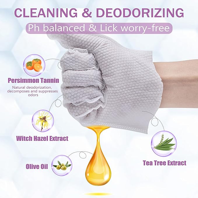 Pet Grooming Gloves for Dog Cat - 4 Pcs Quick Bath Pet Wipes - No Rinse Cat Dog Bath Wipes - Dog Wipes Cleaning Deodorizing, Nourish Fur - Pet Wipes for Paws, Butt and Body