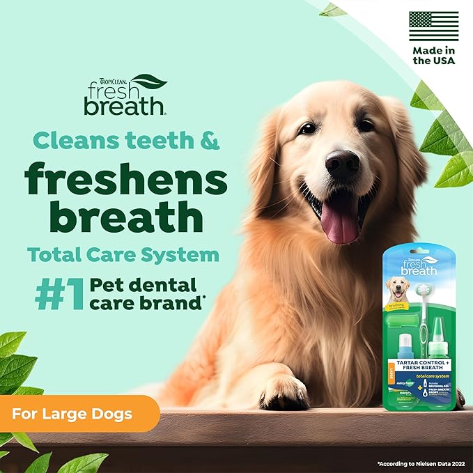 TropiClean Fresh Breath Dog Oral Care Kit for Large Dogs | Total Care System for Plaque & Tartar Control | Dog Tooth Brushing Kit for Large Dogs