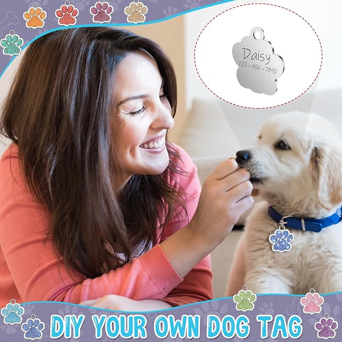 Abbylike 60 Pcs Personalized Dog Tags Blank Pet ID Tags Custom Glitter Paw Pet Tag Cute Metal Cat Name Tag Small DIY Engraved Puppy Name Tag for Dogs Pets(Silver)