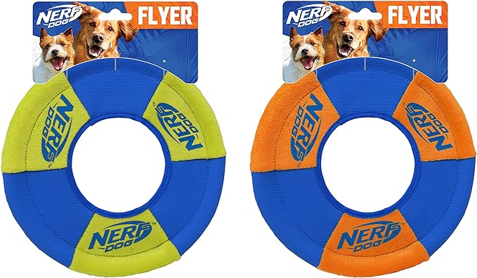 Nerf Dog Toss and Tug Ring Dog Toy, Flying Disc, Lightweight, Durable and Water Resistant, 9 Inch Diameter, For Medium/Large Breeds, Two Pack, Green and Orange