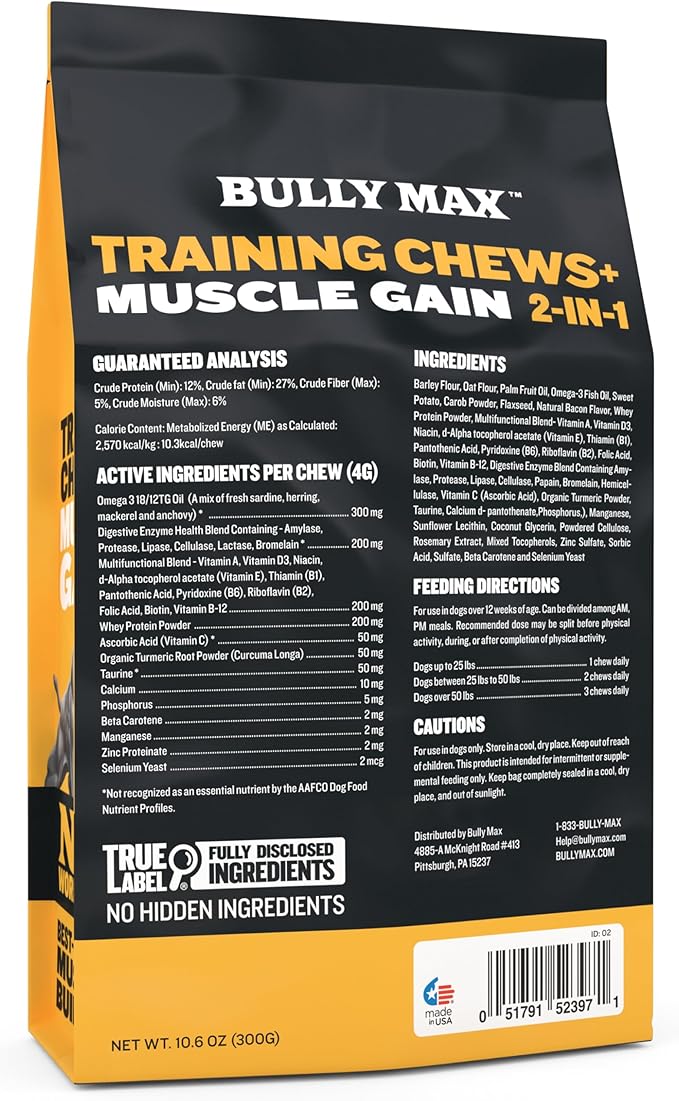 Bully Max Muscle Builder Soft Chews for Dogs and Puppies - Training Supplements Chews for Puppy and Adult Dog - Dog Food Treats for Muscle Gain - All Dog Breeds & Ages, 75 Delicious Soft Chews