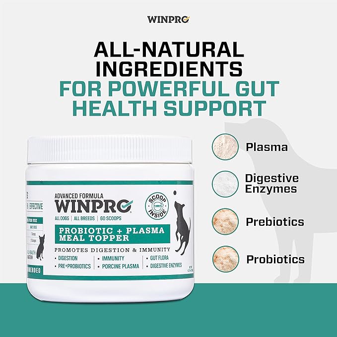 WINPRO Dog Probiotic Powder Meal Topper, Spray Dried Plasma with Prebiotics and Probiotics for Digestive Support and Gut Health for Dogs, All Breeds, Ages, and Sizes, 60 Scoops, Made in USA