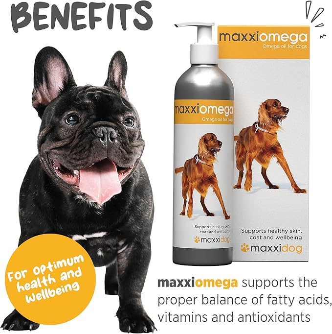 maxxiomega Oil for Dogs - Tasty Omega Supplement for Healthy Skin and Shiny Coat – Easy to Use Pump – Liquid 10 oz