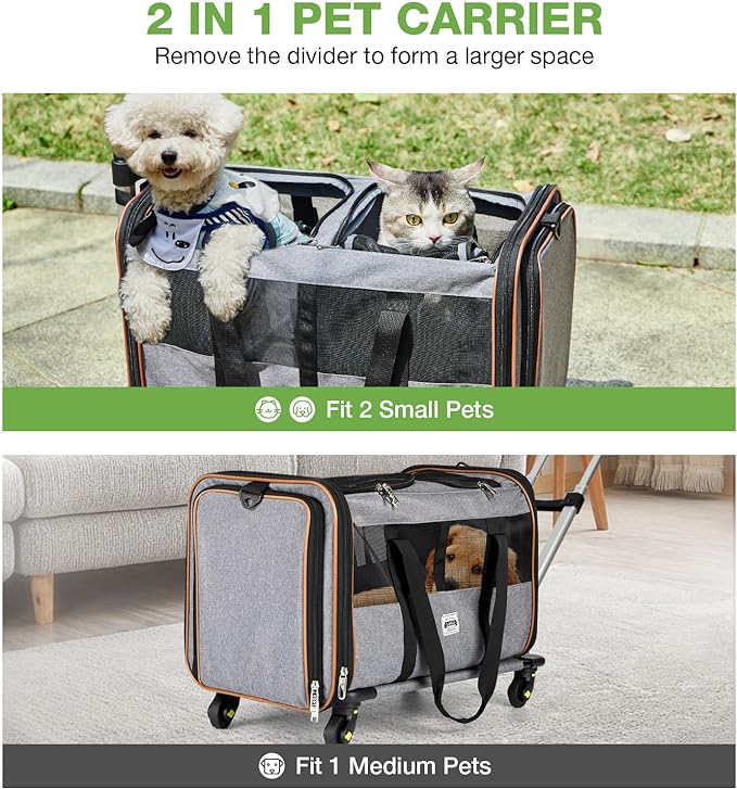 Lekereise Cat Dog Carrier with Wheels for 2 Cats, Expandable Double Cat Carrier with Wheels, Large Rolling Pet Carrier for 1 Large Cat/Dog or 2 Medium Cats, Wheeled Pet Carrier with Telescopic Handle