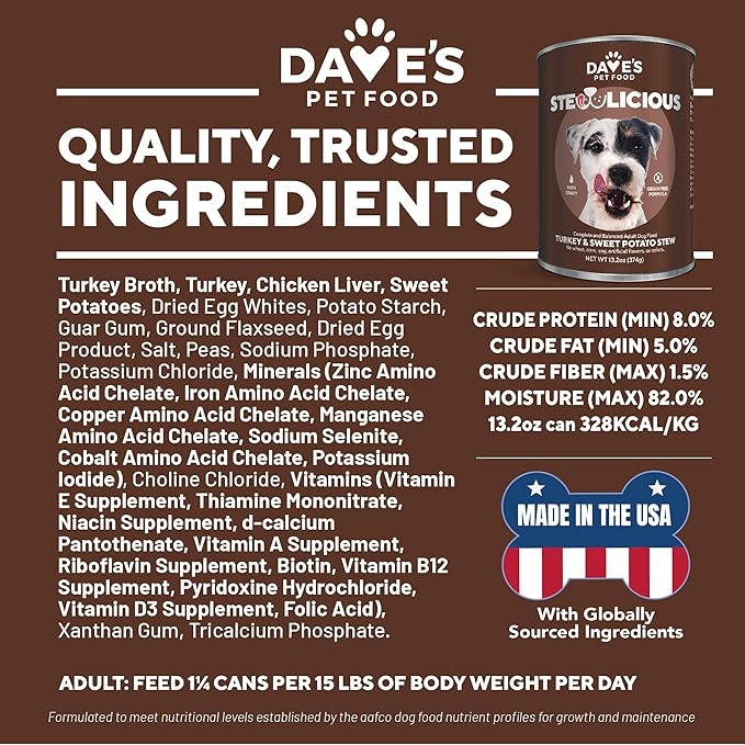 Dave's Pet Food Grain Free Wet Dog Food (Turkey & Sweet Potato in Gravy), Made in USA Naturally Healthy Canned Dog Food, Added Vitamins & Minerals, Wheat & Gluten-Free, 13.2 oz Cans (Case of 12)