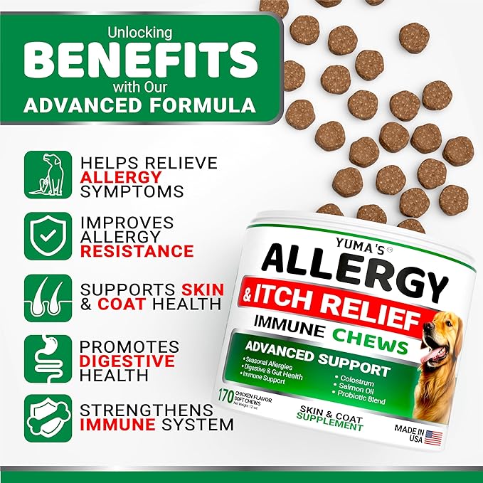 YUMA'S Dog Allergy Relief Chews - Dog Itching Skin Relief Treatment Pills - 170 Treats - Anti-Itch for Dogs - Itchy and Paw Licking - Dry Skin & Hot Spots - Omega 3 Fish Oil - Skin & Coat Supplement