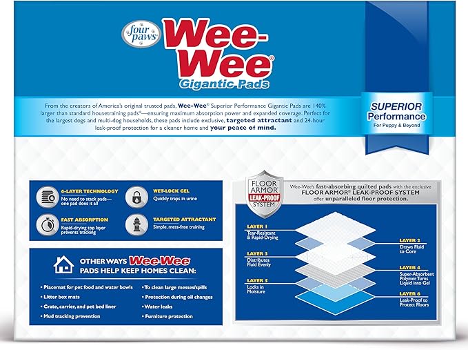 Four Paws Wee-Wee Superior Performance Gigantic Pee Pads for Dogs - Puppy & Dog Pads for Potty Training - Dog Supplies - 27.5" x 44" (150 Count)