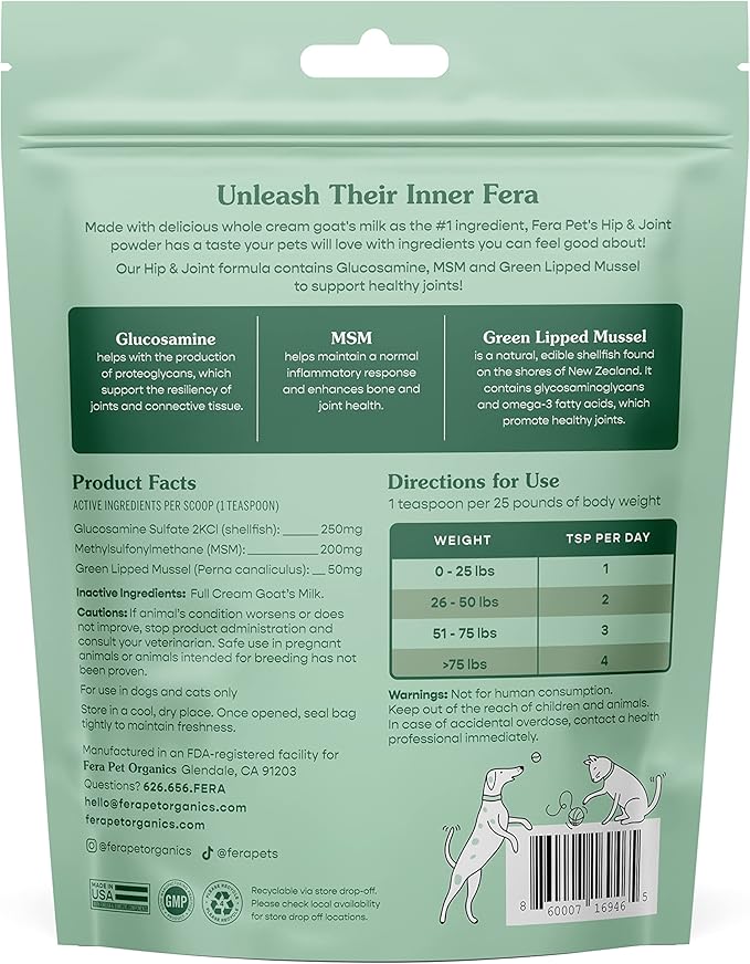 Fera Pets Hip & Joint Goat Milk Cat & Dog Food Topper – Vet Created - Joint Supplement for Dogs & Cats – Glucosamine for Dogs & Cats, MSM- 60 Servings