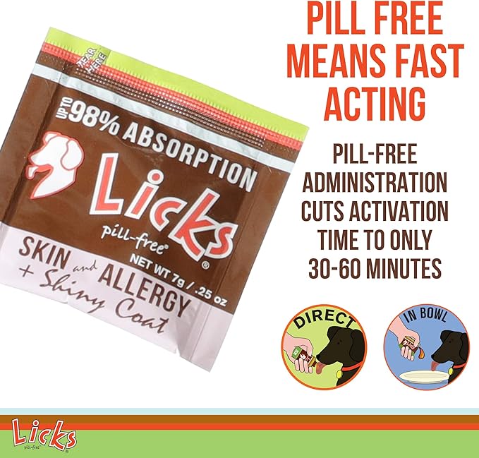 Licks Pill-Free Dog Skin and Allergy - Omega 3 Dog Allergy Relief - Dog Vitamins & Supplements for Itch Relief - Turmeric Supplement for Dog Skin - Gel Packets - 30 Use
