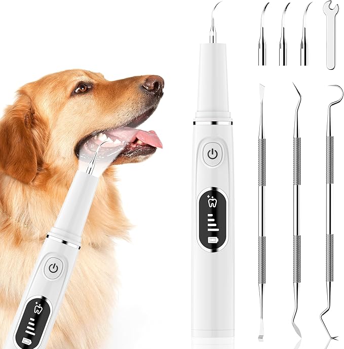 AAU Dog Plaque/Tartar Remover for Teeth - Rechargeable Safe Pets Ultrasonic OLED Screen Tooth Brushing Kit for Canine/Cat/Dog Teeth Cleaning, with Canident Dog Tartar Remover, 3 Replacement Heads