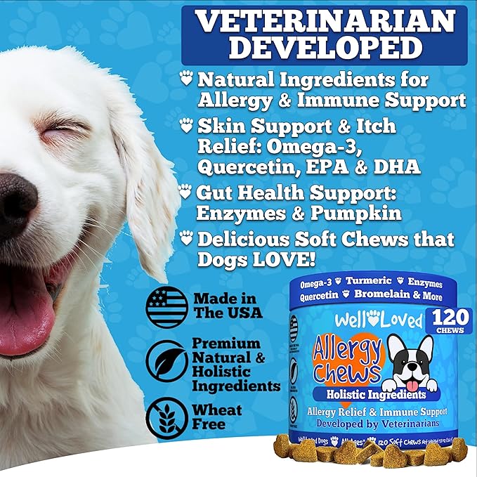 Dog Allergy Chews - Dog Allergy Relief, Made in USA, Vet Developed, Hot Spot Treatment for Dogs, Dog Itch Relief, Anti Itch for Dogs, Dog Vitamins, Dog Skin Allergies Treatment, 120 Count