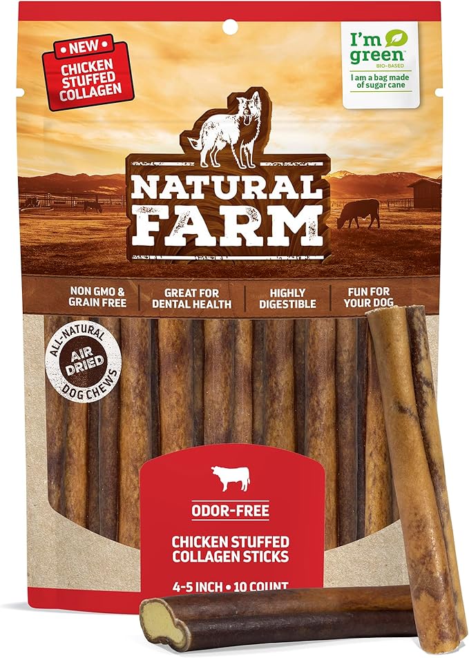 Natural Farm Chicken Stuffed Collagen Chews for Dogs (4-5 Inch, 10 Pack), Rawhide-Free Collagen Sticks, Odor-Free Natural Dog Chews, Long Lasting Treats for Small, Medium Dogs