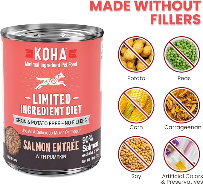 KOHA Limited Ingredient Diet Salmon Entrée for Dogs - Dog Food Toppers for Picky Eaters - Sensitive Stomach Canned Dog Food - Pate Dog Food - 13 oz Pack of 12