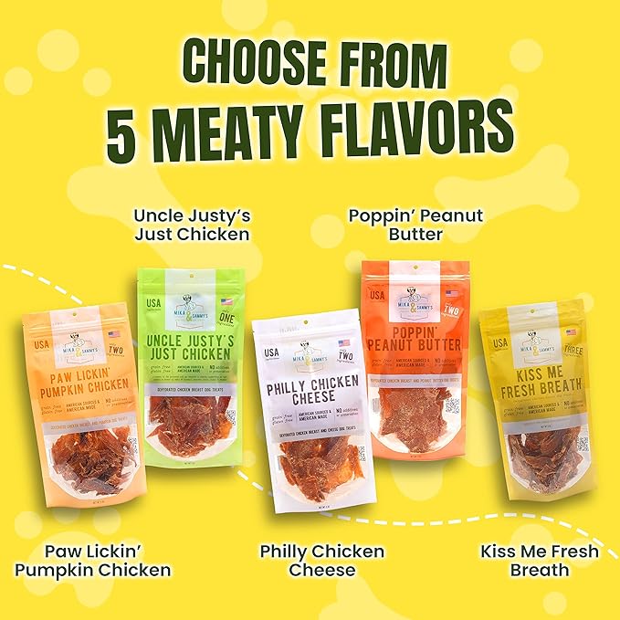 Gourmet Jerky Dog Treats - Natural Dog Treat Chicken Jerky for Dogs, Nutritious and Tasty Dog Jerky Treats Made in USA only, Cage-Free Chicken, No Additives (Mika & Sammy's Kiss Me Fresh Breath 12 oz)