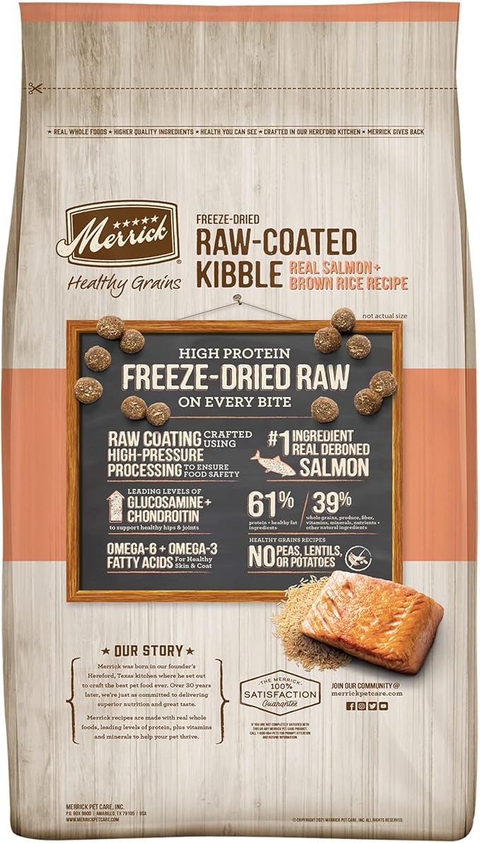 Merrick Healthy Grains Freeze Dried Raw Coated Kibble, Natural High Protein Dog Food, Salmon and Brown Rice - 10.0 lb. Bag