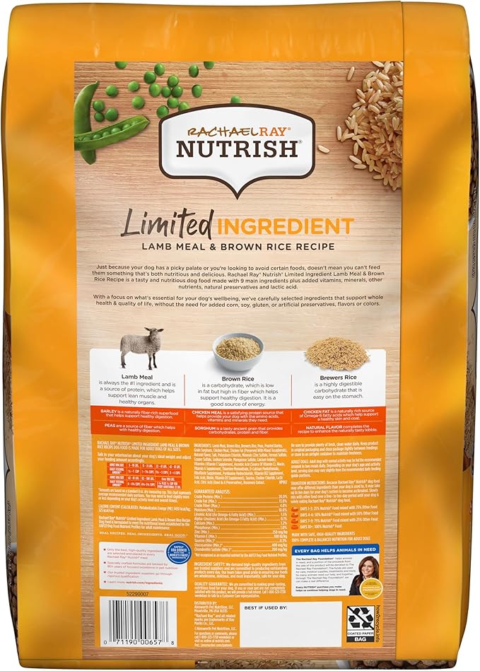 Rachael Ray Nutrish Limited Ingredient Lamb Meal & Brown Rice Recipe, Dry Dog Food, 14 Pound Bag (Packaging Design May Vary)