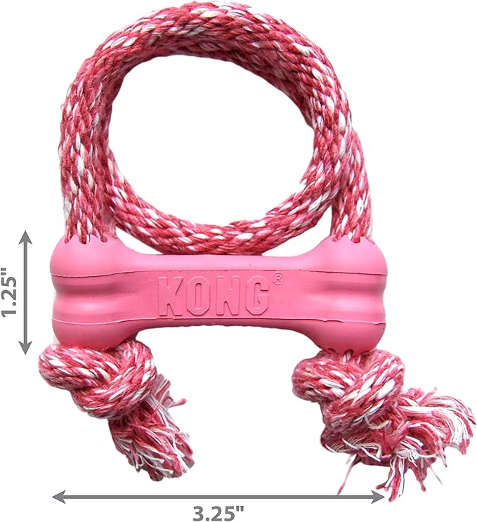 KONG Puppy Goodie Bone with Rope - Dog Chew Toy for Puppies - Natural Rubber Bone Toy with Cotton Rope - Teeth Cleaning Toy for Growing Puppies - for XS Puppies - Pink