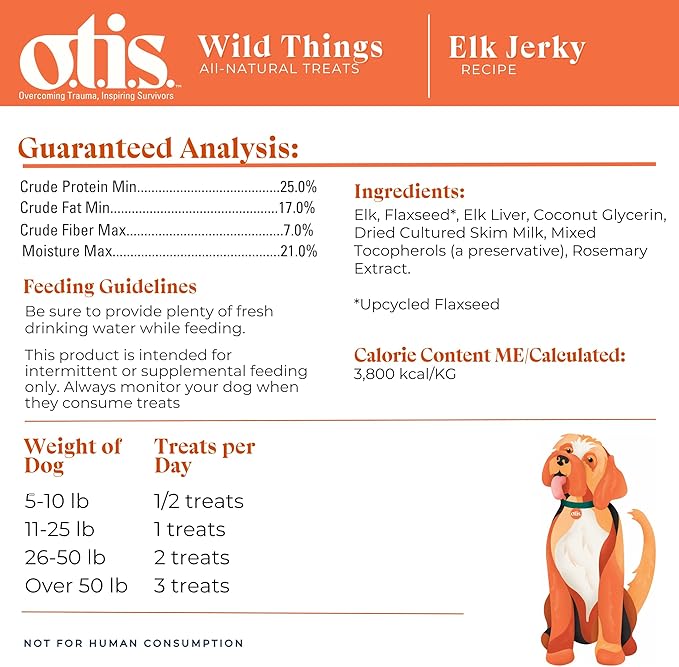 OTIS Elk Jerky for Dogs | Protein Packed, Pasture-Raised, Grass-Fed Elk Jerky Dog Treats Healthy Dog Treats - Wild Things | 4 Ounce Bag