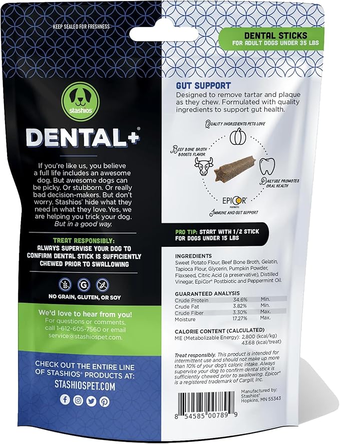Dental+ Sticks for Dogs Under 35 lbs- Gut Support, with Beef Bone Broth, All Natural, EpiCor postbiotic, Made in The USA, Dental+ Bag, S/M - 7 oz.