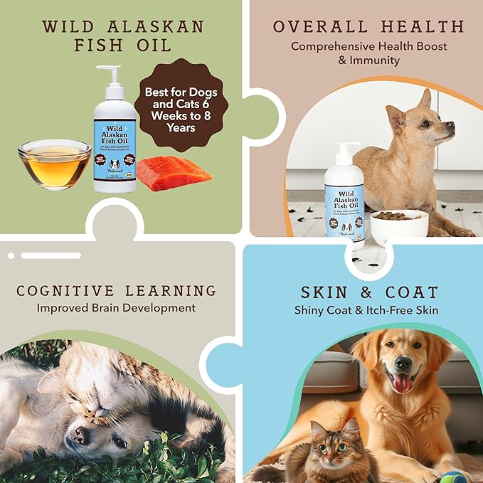 Natural Dog Company Wild Alaskan Fish Oil for Dogs and Cats (16oz) - Blend of Pollock Oil & Wild Salmon Oil for Dogs - EPA, DHA & Omega 3 for dogs - Reduces Shedding, Nourishes Skin, Coat & Joints